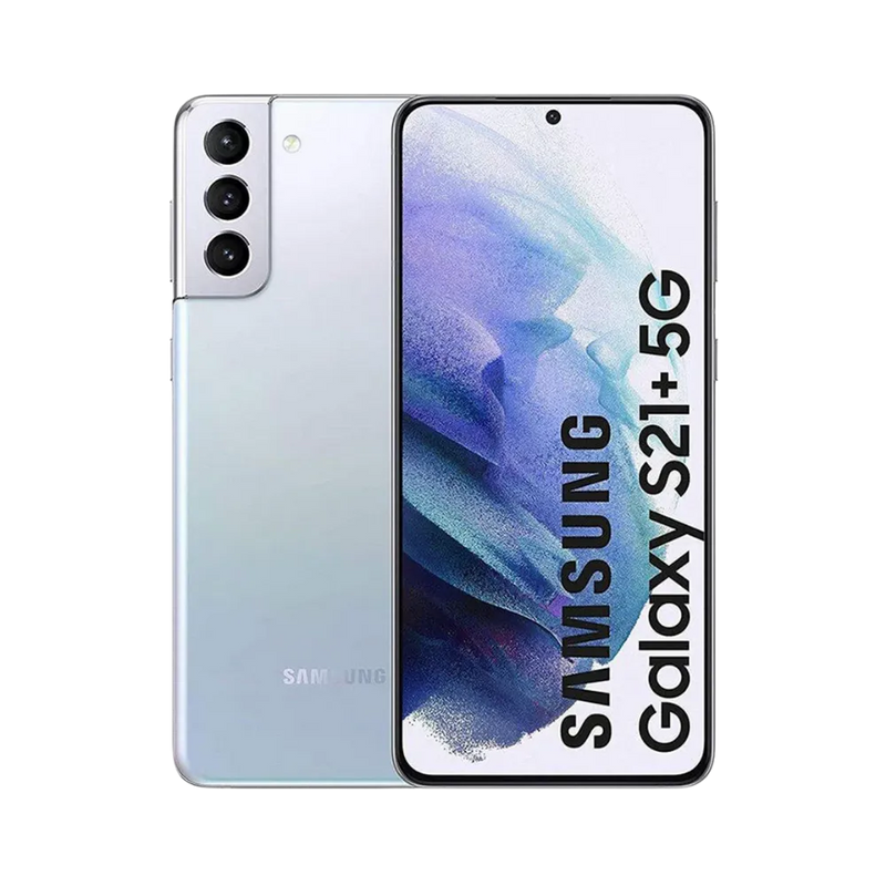 Samsung Galaxy S21+ 5G argent, affiché de face avec écran AMOLED bord à bord et de dos avec triple caméra verticale. Réparations iTelier Lyon : remplacement écran d’origine, vitre arrière, batterie et diagnostic gratuit en boutique ou par correspondance.