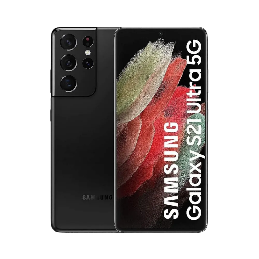Samsung Galaxy S21 Ultra 5G noir, affiché de face avec écran AMOLED incurvé et de dos avec quadruple module photo massif. Réparations iTelier Lyon : changement écran original, vitre arrière brisée, batterie, diagnostic offert en boutique et par envoi postal.