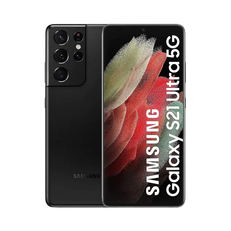 Samsung Galaxy S21 Ultra 5G noir, affiché de face avec écran AMOLED incurvé et de dos avec quadruple module photo massif. Réparations iTelier Lyon : changement écran original, vitre arrière brisée, batterie, diagnostic offert en boutique et par envoi postal.