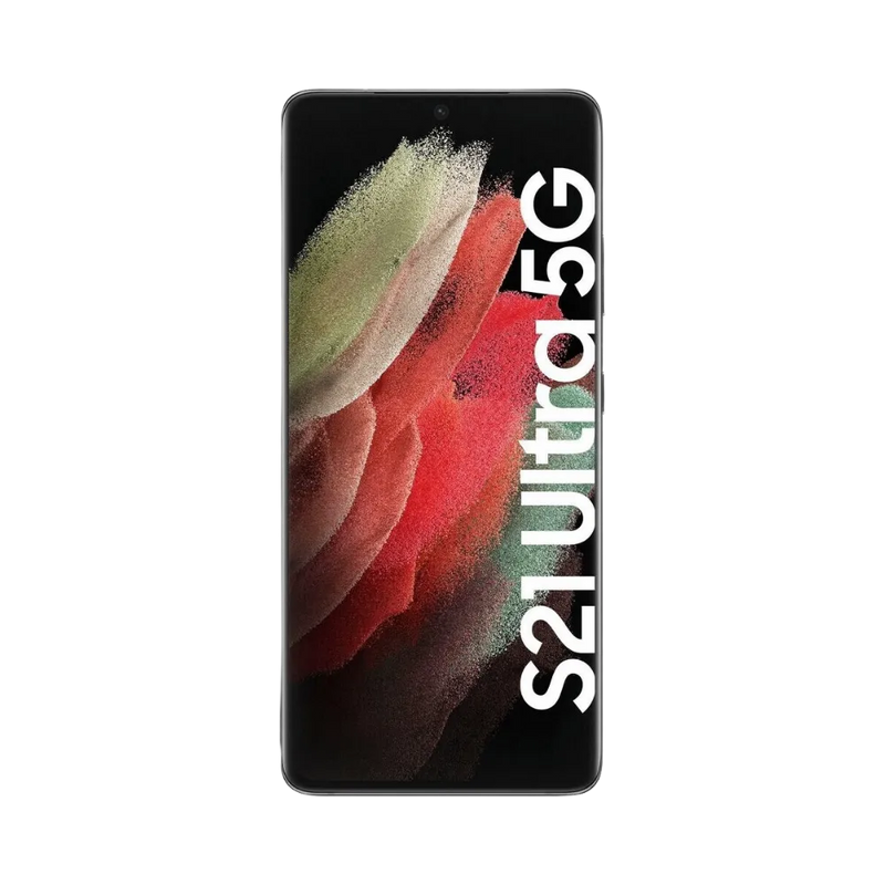 Vue avant du Galaxy S21 Ultra 5G noir avec dalle AMOLED bord à bord et poinçon central. Service iTelier Lyon : remplacement écran cassé, tactile hors service, nappe interne. Réparation rapide garantie 1 an, dépôt local ou envoi sécurisé.