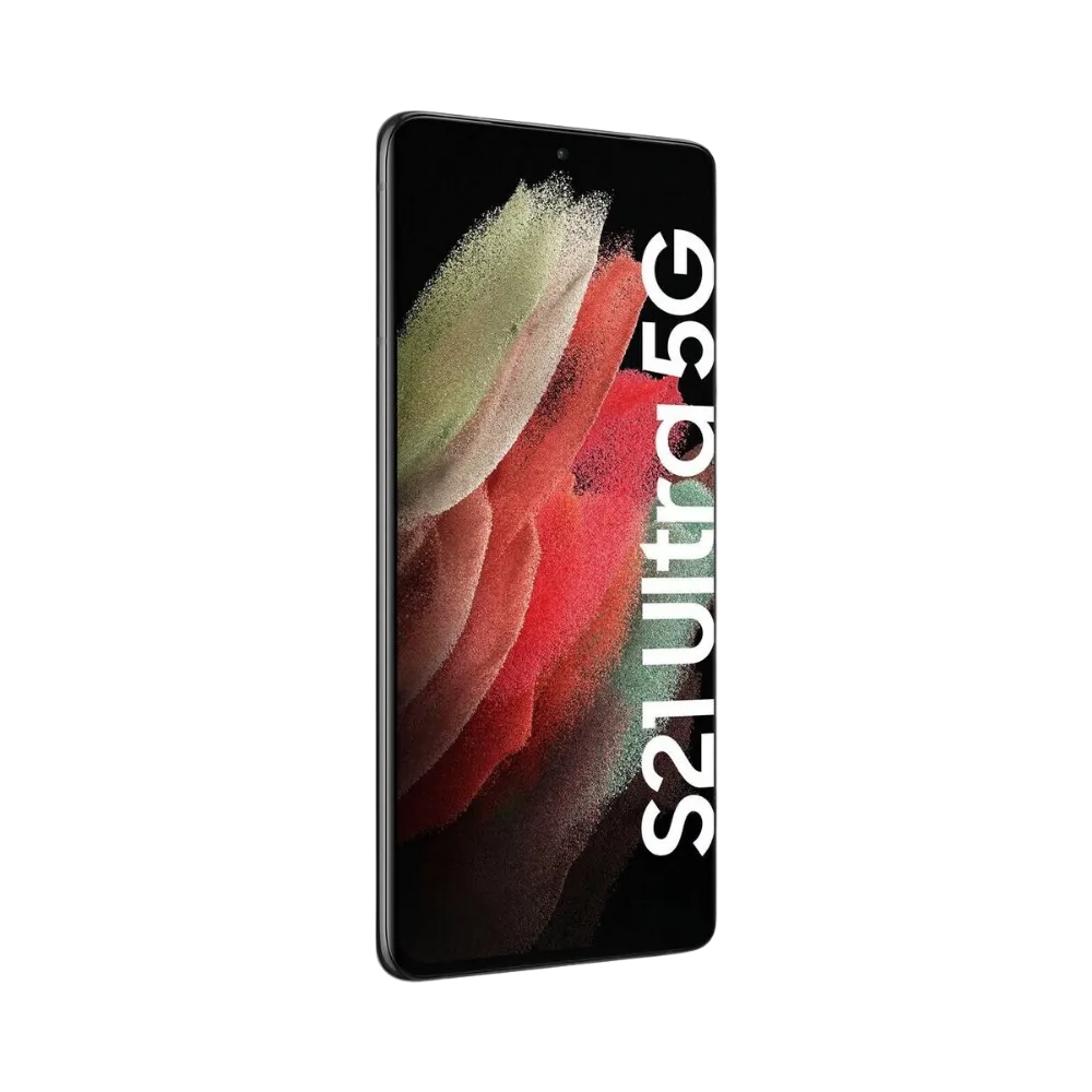 Samsung Galaxy S21 Ultra 5G noir vu de trois-quarts arrière, soulignant le bloc photo proéminent. iTelier Lyon : remplacement vitre arrière fissurée, haut-parleur interne, connecteur de charge. Réparations express et pièces d’origine garanties.