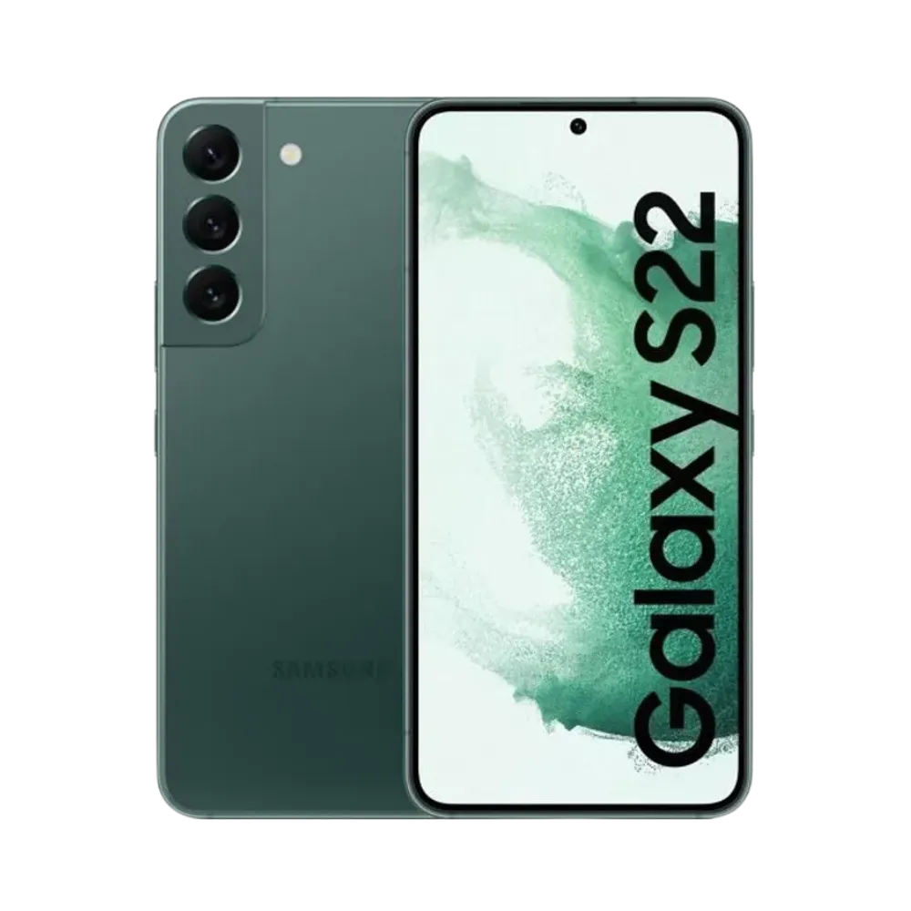 Samsung Galaxy S22 vert forêt, affiché de face avec écran AMOLED bord à bord et de dos avec triple module photo vertical. iTelier Lyon : réparation écran d’origine, remplacement vitre arrière, batterie et diagnostic offert en atelier ou par colis.