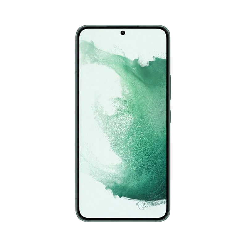 Vue de face du Galaxy S22 vert avec dalle AMOLED et poinçon central discret. Réparations iTelier Lyon : remplacement écran fissuré, tactile hors service, nappe interne. Intervention express avec pièces Samsung garanties 1 an.