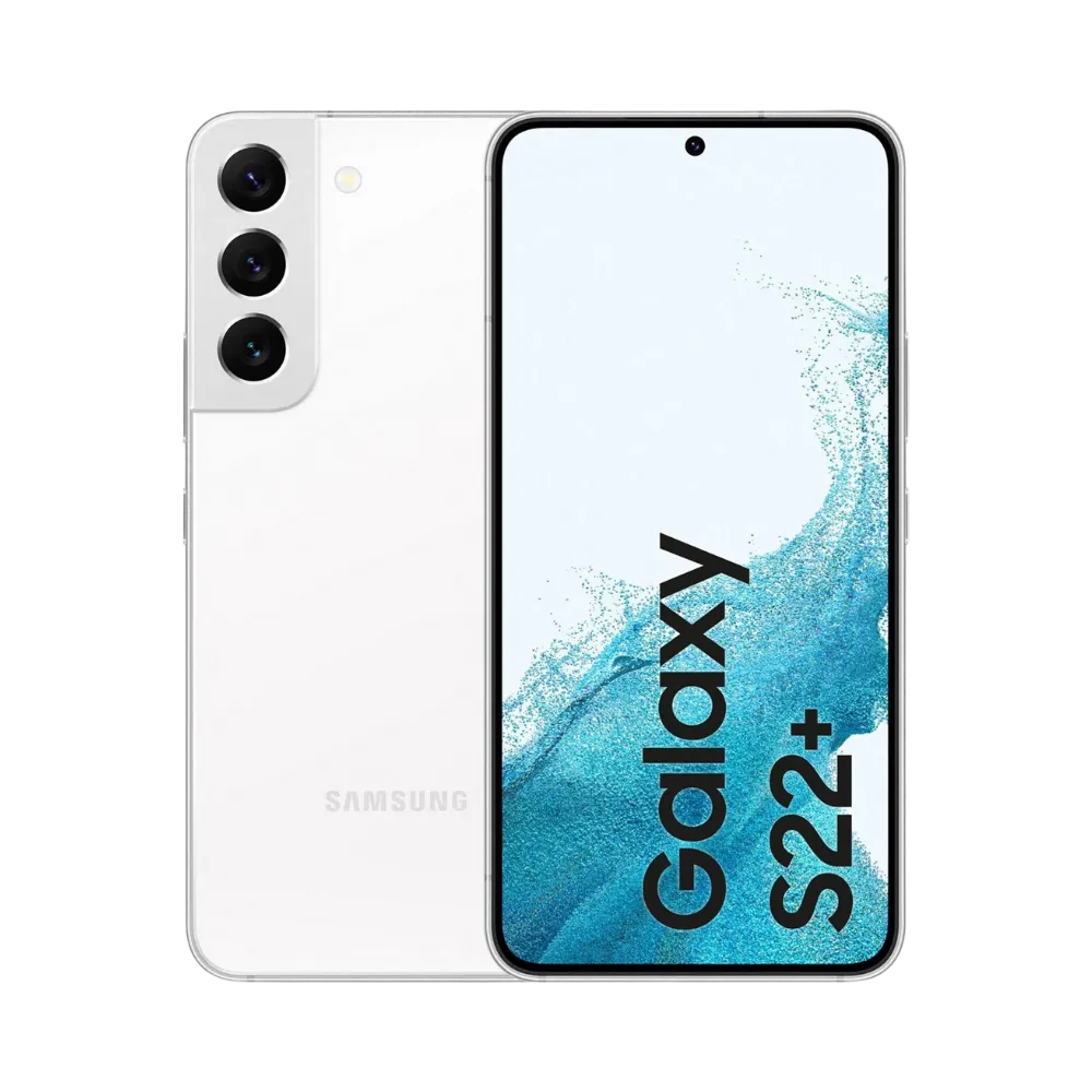 Samsung Galaxy S22+ blanc, affiché de face avec écran AMOLED (fond bleu océan) et de dos avec triple capteur aligné verticalement. Réparations iTelier Lyon : changement écran d’origine, remplacement vitre arrière, diagnostic offert en boutique ou par correspondance.