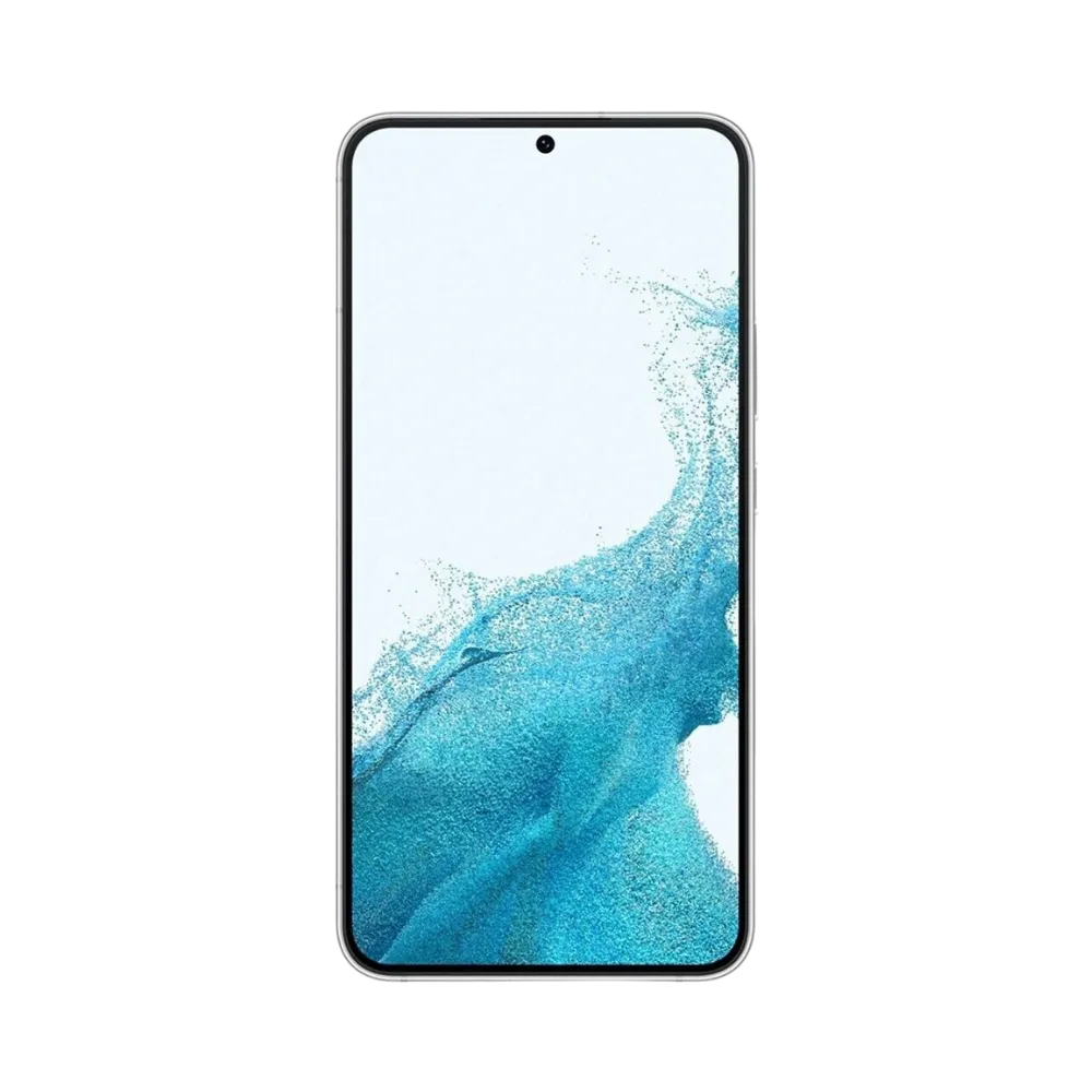 Face avant du Galaxy S22+ blanc, dalle AMOLED bord à bord avec poinçon central. Service iTelier Lyon : remplacement écran cassé, réparation tactile, pièces Samsung garanties 1 an. Intervention rapide en atelier ou par envoi postal sécurisé.