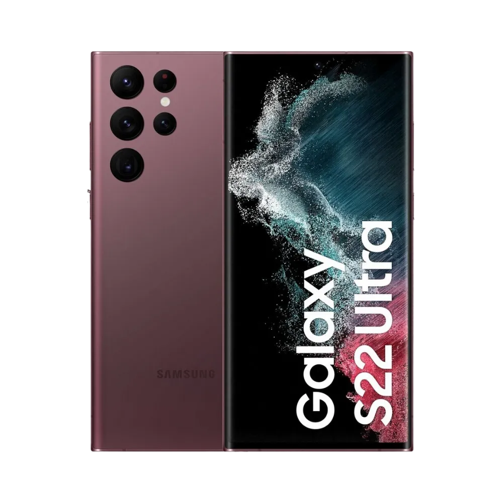 Samsung Galaxy S22 Ultra bordeaux, présenté de face (écran affichant Galaxy S22 Ultra) et de dos : quatre objectifs ronds séparés + flash, finition mate. iTelier Lyon : remplacement d’écran AMOLED, changement de batterie, remise en état de la vitre arrière. Diagnostic offert, garantie 1 an.