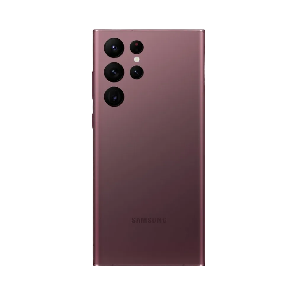 Dos du Galaxy S22 Ultra bordeaux mat, quatre capteurs circulaires indépendants avec laser AF et flash. Service iTelier Lyon : remplacement vitre arrière en verre, réparation module photo, changement batterie, port USB-C.