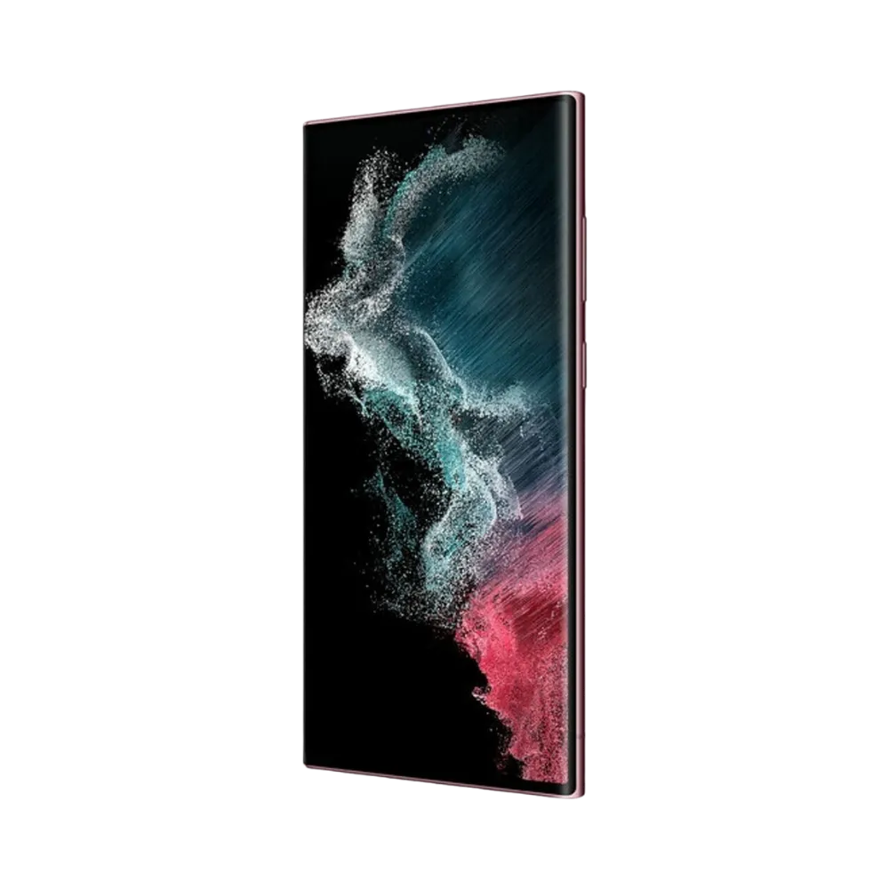 Galaxy S22 Ultra bordeaux en perspective trois-quarts avant : écran allumé, bords légèrement incurvés, tranches droites visibles. Atelier iTelier Lyon : changement d’écran, calibrage tactile, nettoyage châssis. Diagnostic gratuit.