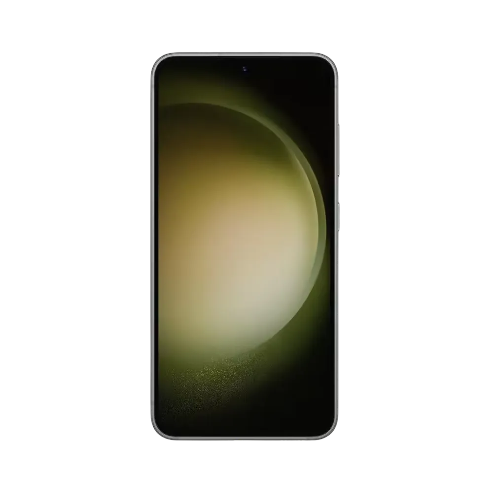 Face avant du Galaxy S23 vert, écran bord à bord lumineux avec poinçon central et affichage dégradé jaune-vert. Réparation iTelier Lyon : changement écran OLED d’origine, correction tactile, diagnostic offert et réparation express avec pièces certifiées.
