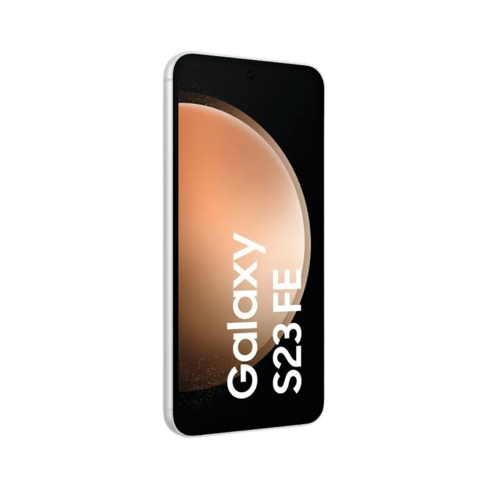 Deux Galaxy S23 FE blancs côte à côte, l’un affichant l’écran avec marquage Galaxy S23 FE et l’autre son dos avec triple caméra. iTelier Lyon : réparation écran, vitre arrière, batterie et caméra. Diagnostic gratuit et service rapide garanti.