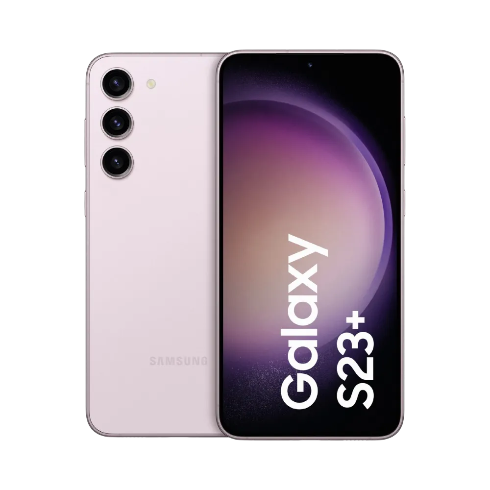 Samsung Galaxy S23 Plus rose clair, affiché de face avec marquage Galaxy S23+ et de dos avec triple caméra verticale. Visuel iTelier Lyon : réparation écran AMOLED, remplacement batterie, vitre arrière fissurée. Diagnostic gratuit et service rapide garanti.