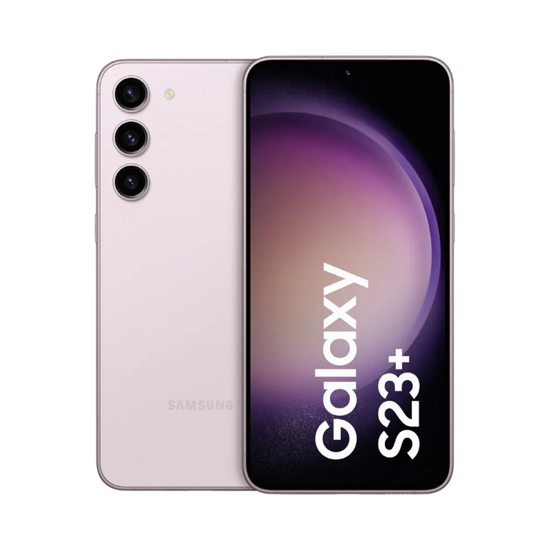 Samsung Galaxy S23 Plus rose clair, affiché de face avec marquage Galaxy S23+ et de dos avec triple caméra verticale. Visuel iTelier Lyon : réparation écran AMOLED, remplacement batterie, vitre arrière fissurée. Diagnostic gratuit et service rapide garanti.