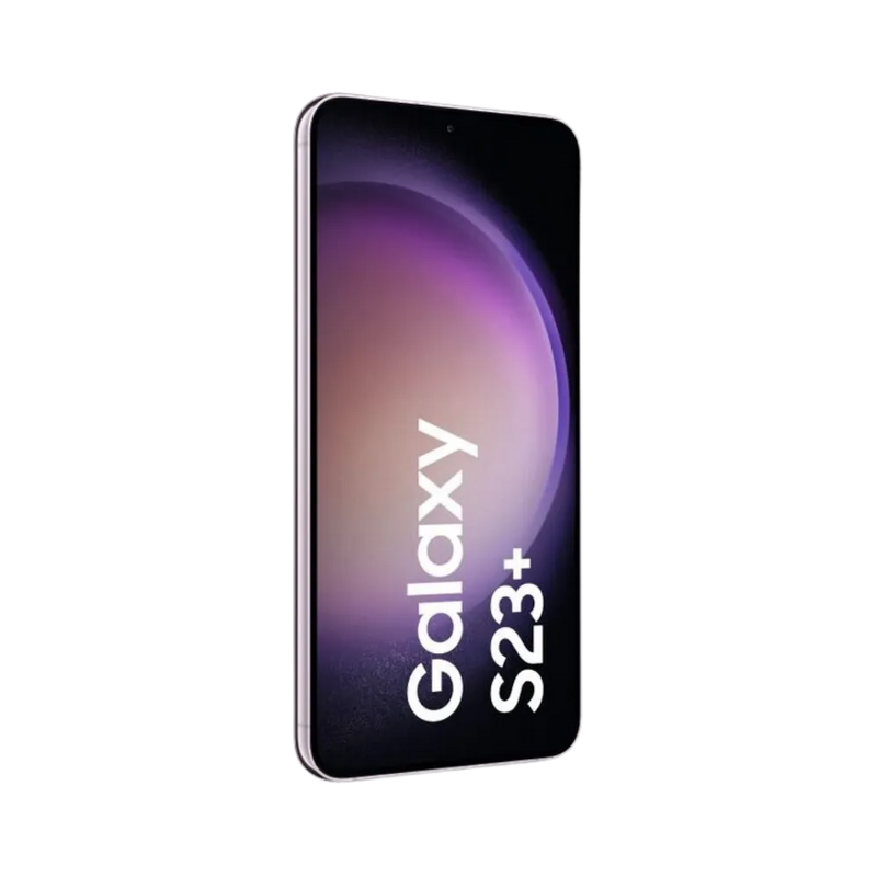 Face avant du Galaxy S23 Plus rose clair, écran bord à bord lumineux avec poinçon central et affichage violet dégradé. Réparation iTelier Lyon : changement écran OLED d’origine, réparation tactile, diagnostic offert et service express en boutique ou par correspondance.