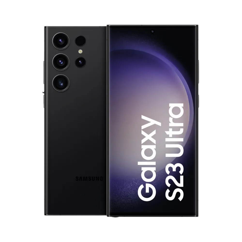 Samsung Galaxy S23 Ultra noir, affiché de face avec marquage Galaxy S23 Ultra et de dos avec quadruple caméra arrière imposante. Visuel iTelier Lyon : réparation écran AMOLED, remplacement batterie, vitre arrière abîmée. Diagnostic gratuit et service rapide garanti.