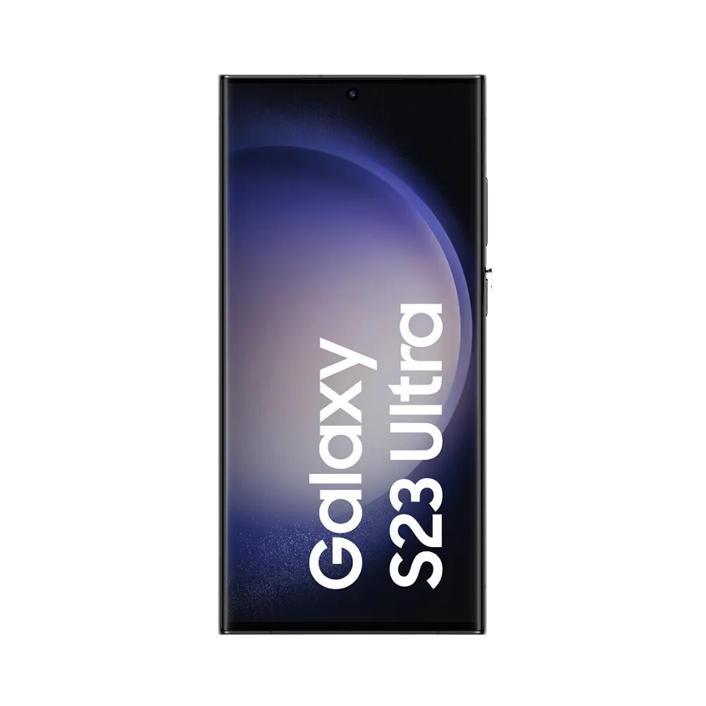 Face avant du Galaxy S23 Ultra noir, écran lumineux bord à bord avec poinçon central et affichage sombre. Réparation iTelier Lyon : changement écran OLED d’origine, remise en état tactile, diagnostic offert et réparation express avec pièces certifiées.