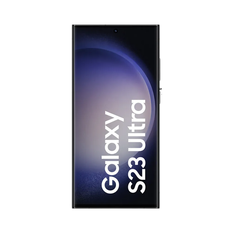 Face avant du Galaxy S23 Ultra noir, écran lumineux bord à bord avec poinçon central et affichage sombre. Réparation iTelier Lyon : changement écran OLED d’origine, remise en état tactile, diagnostic offert et réparation express avec pièces certifiées.