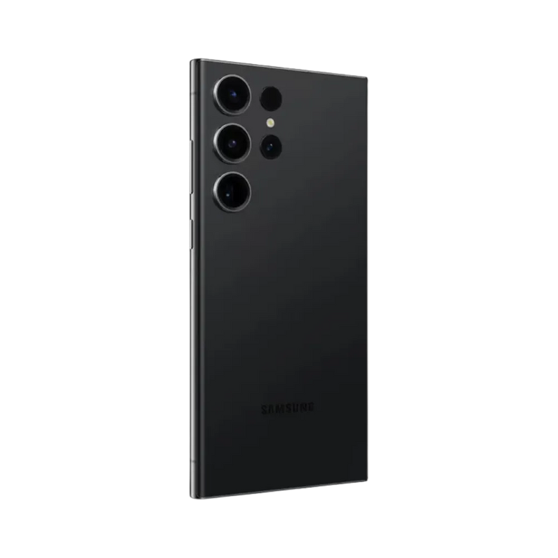 Dos du Galaxy S23 Ultra noir mat, bloc photo avec quatre capteurs alignés et flash. Service iTelier Lyon : remplacement vitre arrière, réparation module photo, changement batterie et port de charge. Diagnostic gratuit et garantie 1 an.