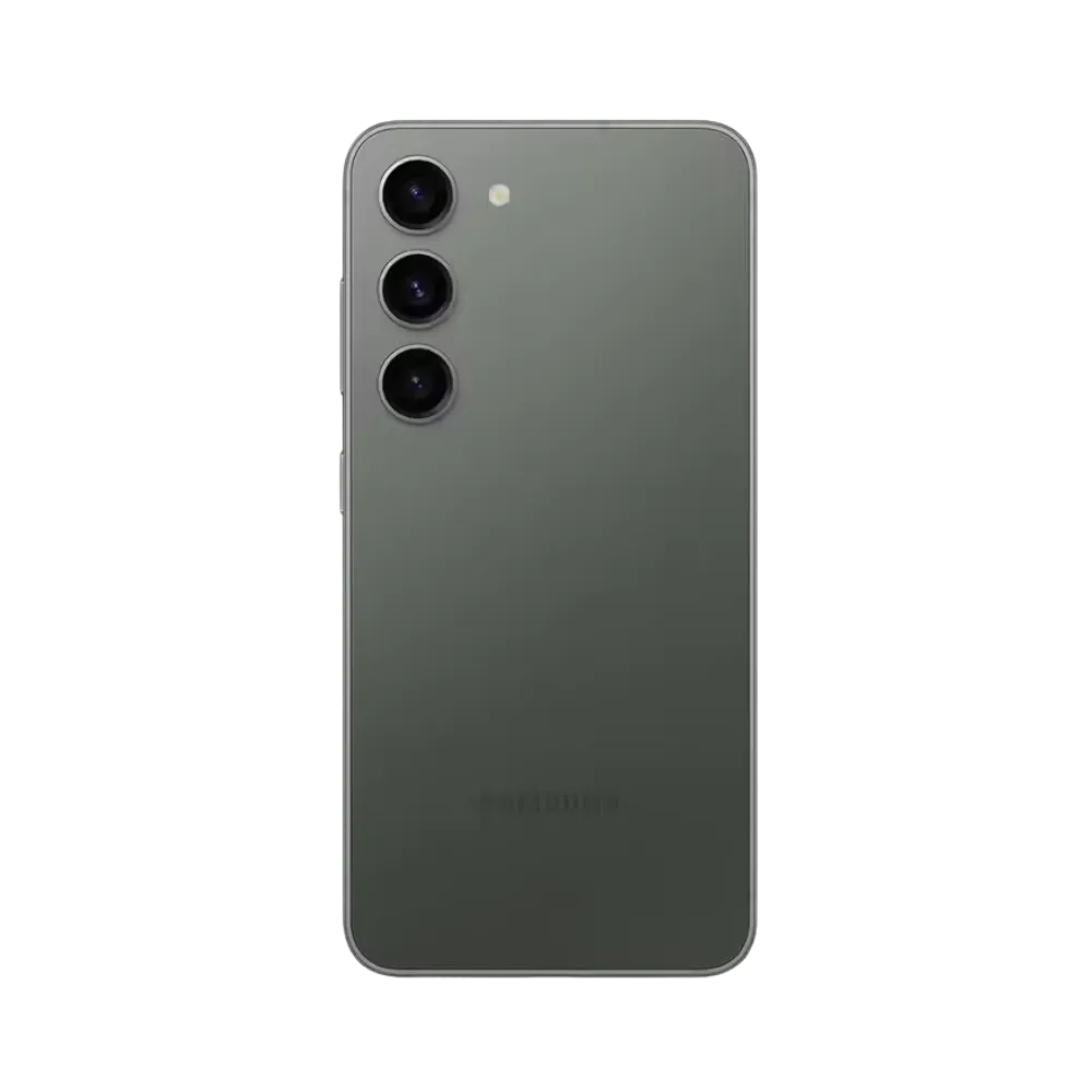 Dos du Galaxy S23 vert mat, triple module photo vertical accompagné d’un flash. Service iTelier Lyon : remplacement vitre arrière en verre, réparation caméra, changement batterie et port USB-C. Diagnostic gratuit et pièces garanties 1 an.