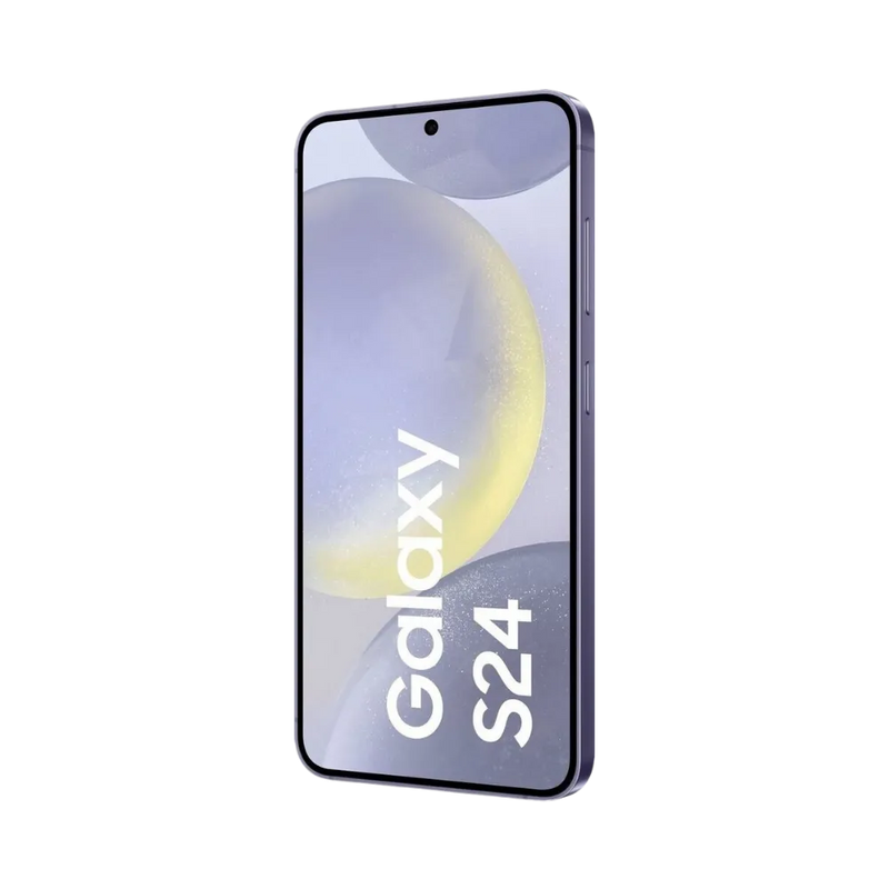 Deux Samsung Galaxy S24 violets côte à côte, l’un affichant son écran avec marquage Galaxy S24 et l’autre son dos avec triple caméra. Réparation iTelier Lyon : écran, vitre arrière, batterie et module photo. Diagnostic gratuit et service express garanti.