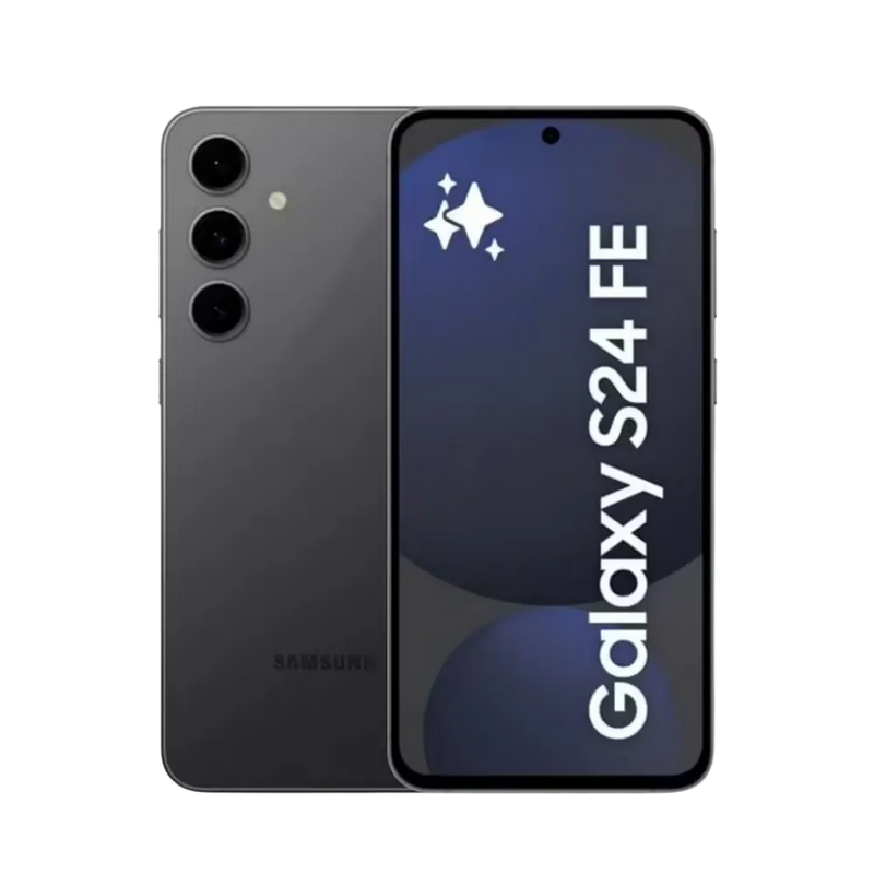 Samsung Galaxy S24 FE noir, affiché de face avec marquage Galaxy S24 FE et de dos avec triple caméra verticale. Visuel iTelier Lyon : réparation écran AMOLED, changement batterie, vitre arrière rayée ou fissurée. Diagnostic gratuit et service rapide garanti.