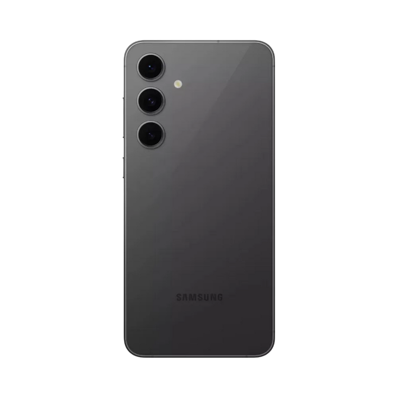 Dos du Galaxy S24 FE noir mat, triple module photo vertical avec flash. Service iTelier Lyon : remplacement vitre arrière en verre, réparation appareil photo, changement batterie et port de charge. Diagnostic gratuit et garantie 1 an.