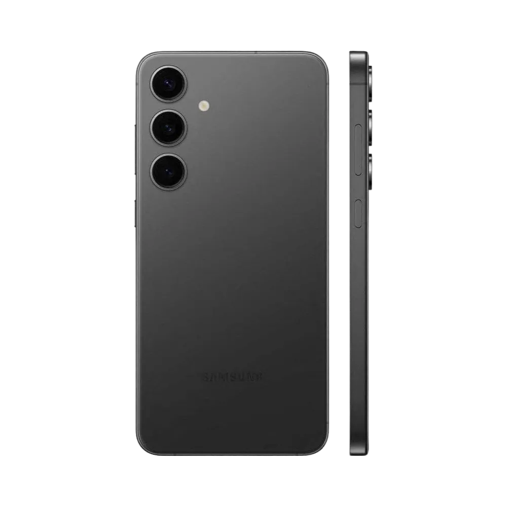 Deux Galaxy S24 Plus noirs côte à côte, l’un de face avec écran allumé Galaxy S24+ et l’autre de dos montrant le triple capteur. iTelier Lyon : réparation écran, vitre arrière, batterie et caméra. Diagnostic gratuit et service rapide.