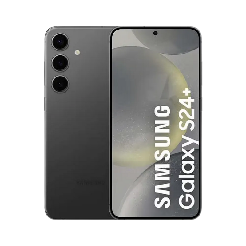 Samsung Galaxy S24 Plus noir, affiché de face avec marquage Galaxy S24+ et de dos avec triple caméra verticale. Visuel iTelier Lyon : réparation écran AMOLED, changement batterie, vitre arrière abîmée. Diagnostic gratuit et service rapide garanti.