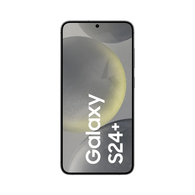 Face avant du Galaxy S24 Plus noir, écran bord à bord lumineux avec poinçon central et affichage sombre. Réparation iTelier Lyon : remplacement écran OLED d’origine, remise en état tactile, diagnostic offert et intervention express en boutique ou par correspondance.