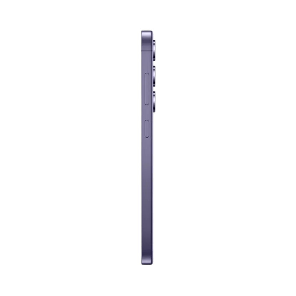 Vue latérale du Galaxy S24 violet, design fin avec tranches droites et boutons visibles sur le côté. Réparation iTelier Lyon : remplacement écran AMOLED, batterie, boutons latéraux et port USB-C. Diagnostic gratuit et pièces d’origine garanties.