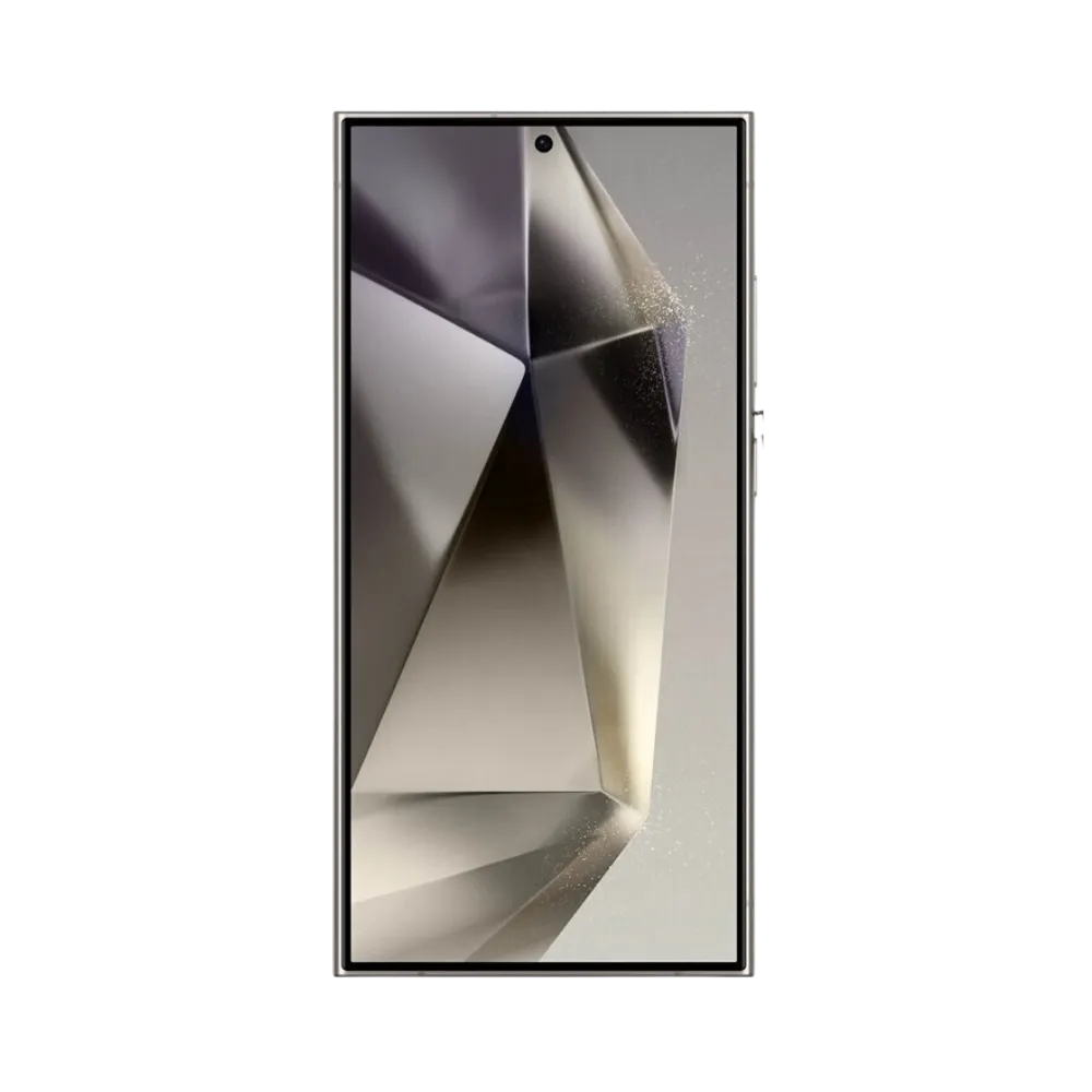 Face avant du Galaxy S24 Ultra titane, écran bord à bord lumineux avec poinçon central et design carré. Réparation iTelier Lyon : changement écran OLED original, diagnostic offert, intervention rapide avec pièces certifiées en boutique ou par correspondance.