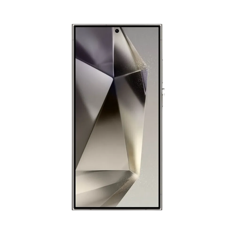 Face avant du Galaxy S24 Ultra titane, écran bord à bord lumineux avec poinçon central et design carré. Réparation iTelier Lyon : changement écran OLED original, diagnostic offert, intervention rapide avec pièces certifiées en boutique ou par correspondance.