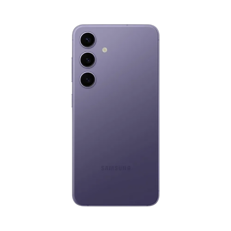 Dos du Galaxy S24 violet mat, triple module photo vertical avec flash. Service iTelier Lyon : remplacement vitre arrière, réparation appareil photo, changement batterie et connecteur de charge. Diagnostic gratuit et garantie 1 an.
