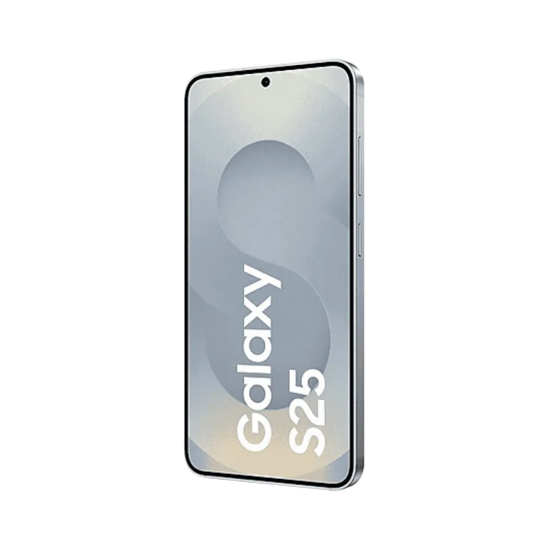 Deux Samsung Galaxy S25 argent présentés côte à côte : un de face avec écran affichant Galaxy S25 et un de dos avec triple caméra. Réparation iTelier Lyon : écran, vitre arrière, batterie et caméra. Diagnostic gratuit, intervention rapide.