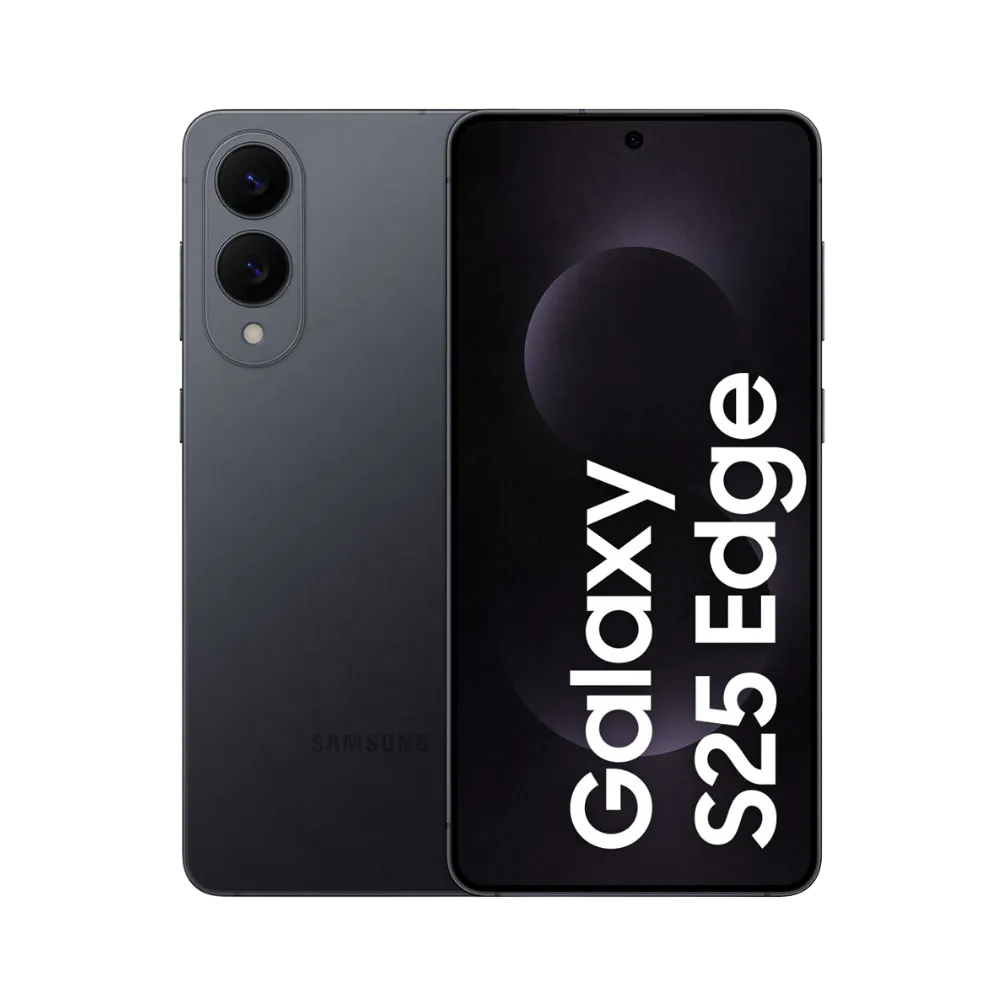 Samsung Galaxy S25 Edge noir, affiché de face avec marquage Galaxy S25 Edge et de dos avec double module photo vertical. Visuel iTelier Lyon : réparation écran AMOLED incurvé, remplacement batterie, vitre arrière brisée. Diagnostic gratuit, service rapide et pièces garanties 1 an.