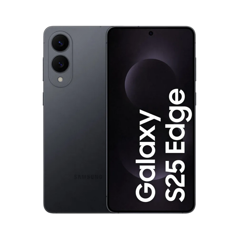 Samsung Galaxy S25 Edge noir, affiché de face avec marquage Galaxy S25 Edge et de dos avec double module photo vertical. Visuel iTelier Lyon : réparation écran AMOLED incurvé, remplacement batterie, vitre arrière brisée. Diagnostic gratuit, service rapide et pièces garanties 1 an.