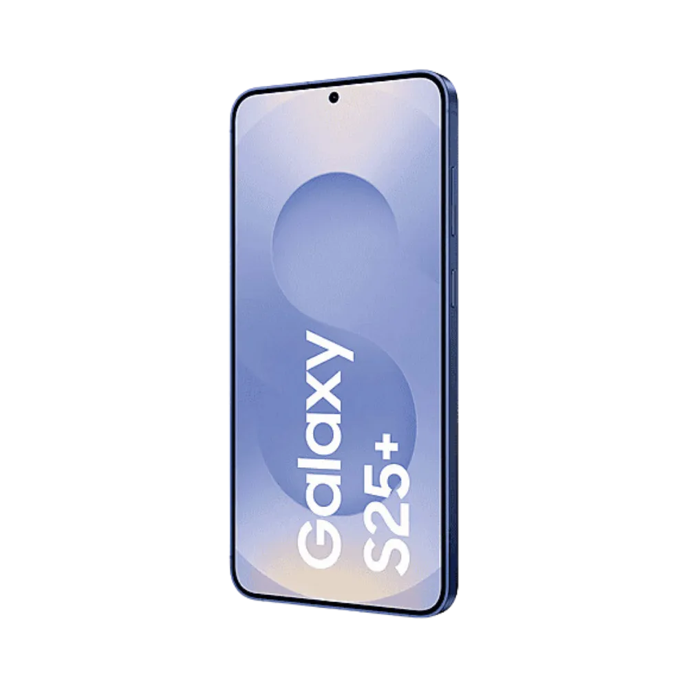 Deux Samsung Galaxy S25 Plus bleus présentés côte à côte, l’un montrant l’écran avec marquage Galaxy S25+ et l’autre le dos avec triple caméra. Service iTelier Lyon : réparation écran, vitre arrière, batterie. Diagnostic gratuit et service rapide garanti.