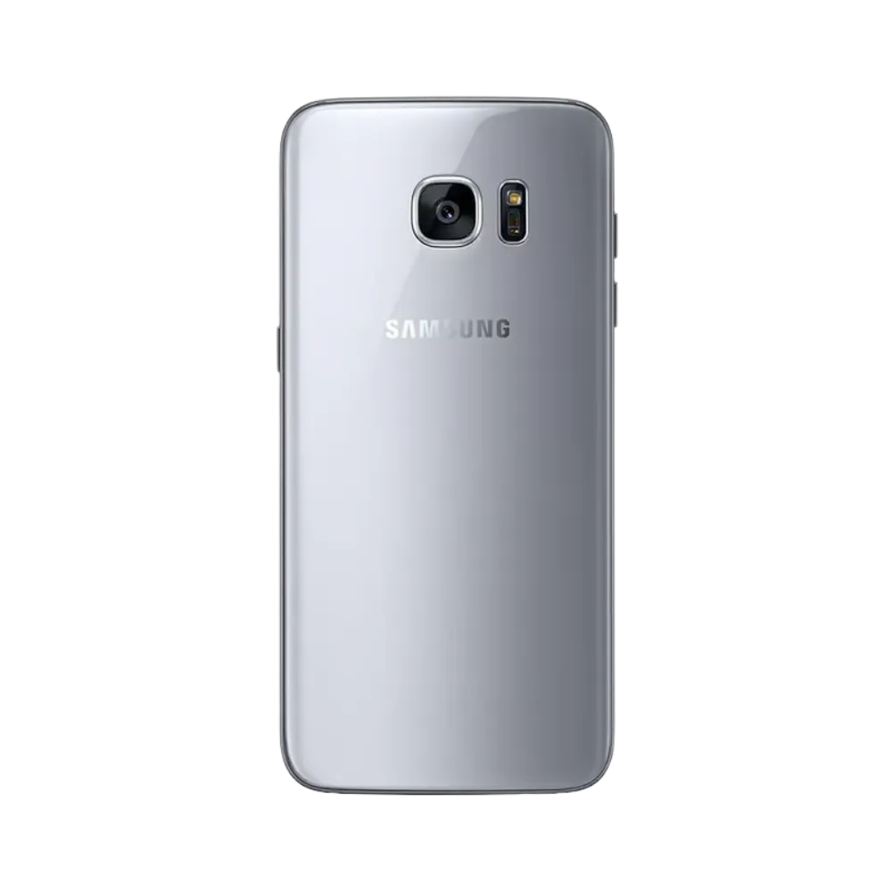 Dos du Galaxy S7 Edge argent avec capteur photo et finition en verre brillant. iTelier Lyon : remplacement vitre arrière, batterie, caméra principale. Réparations express avec pièces garanties 1 an.