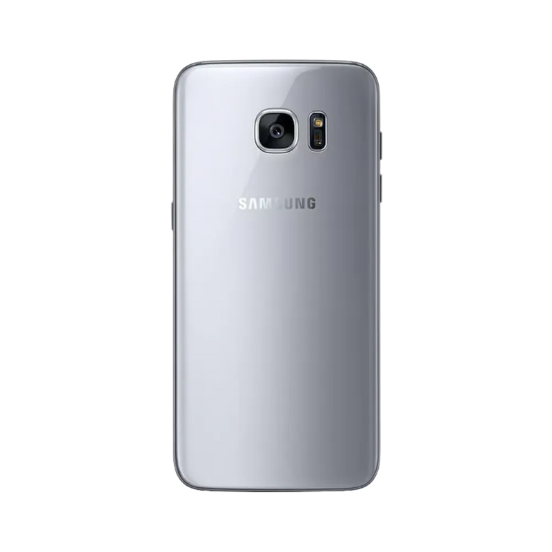 Dos du Galaxy S7 Edge argent avec capteur photo et finition en verre brillant. iTelier Lyon : remplacement vitre arrière, batterie, caméra principale. Réparations express avec pièces garanties 1 an.