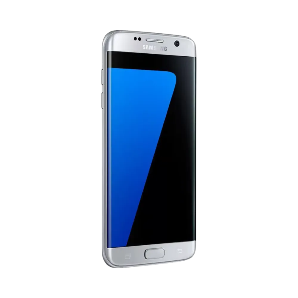 Vue inclinée du Galaxy S7 Edge argent mettant en valeur ses bords incurvés. iTelier Lyon : réparation vitre tactile, dalle AMOLED, port USB, écouteur interne. Diagnostic offert et transparence garantie.