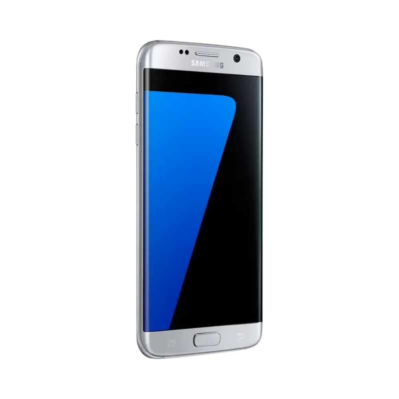 Vue inclinée du Galaxy S7 Edge argent mettant en valeur ses bords incurvés. iTelier Lyon : réparation vitre tactile, dalle AMOLED, port USB, écouteur interne. Diagnostic offert et transparence garantie.