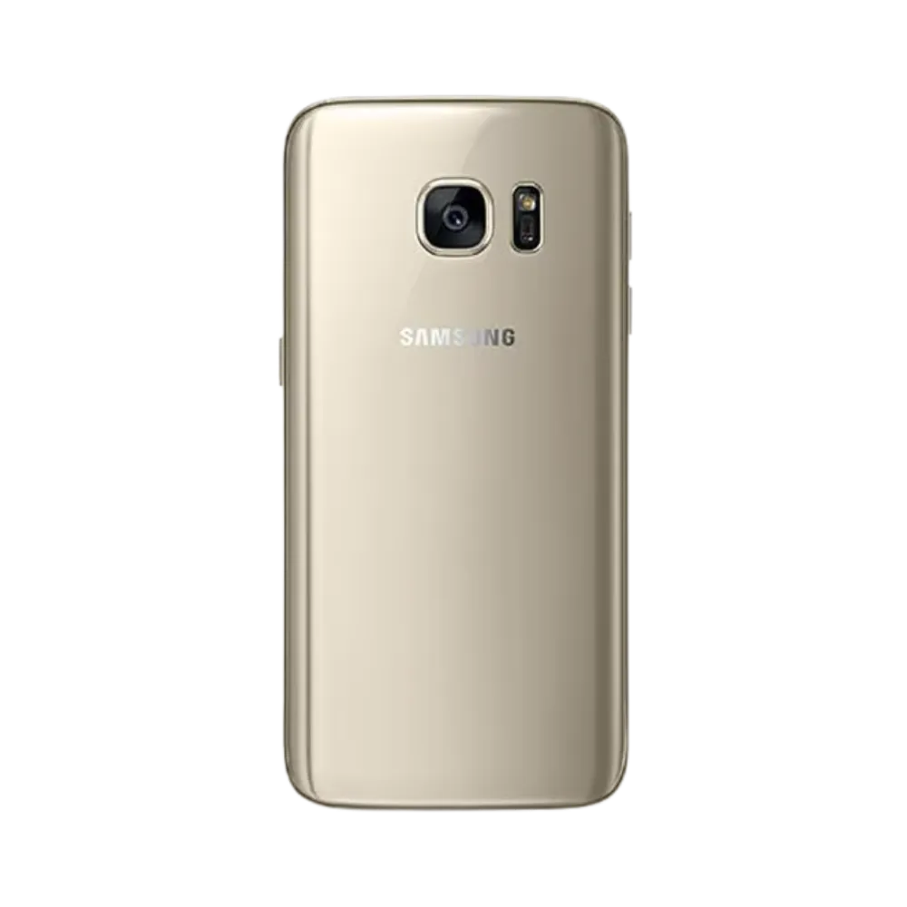 Dos du Galaxy S7 or avec capteur photo central et finition brillante. iTelier Lyon : remplacement vitre arrière cassée, batterie usée ou caméra défectueuse. Réparations rapides garanties 1 an.