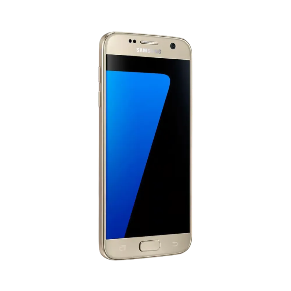 Vue inclinée du Galaxy S7 or mettant en avant son design compact. iTelier Lyon : réparation écran tactile, haut-parleur interne, port USB et boutons latéraux. Diagnostic offert et transparence totale.