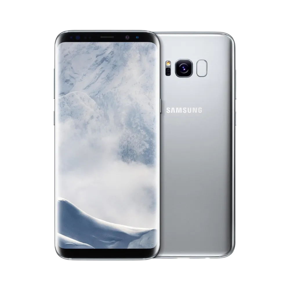 Samsung Galaxy S8 Plus argent affichant son écran incurvé Infinity et son dos en verre brillant. iTelier Lyon : remplacement écran AMOLED, vitre arrière, batterie, caméra. Diagnostic gratuit et garantie 1 an sur chaque réparation.