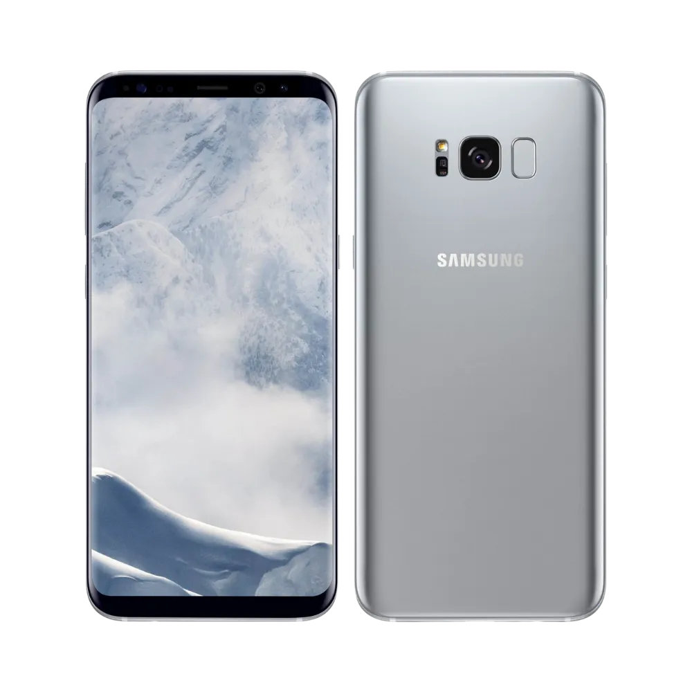 Galaxy S8 Plus argent en vue inclinée mettant en avant la brillance de la coque et le design incurvé. iTelier Lyon : réparation vitre arrière cassée, caméra, connecteur de charge, haut-parleur. Diagnostic offert et garantie 1 an.