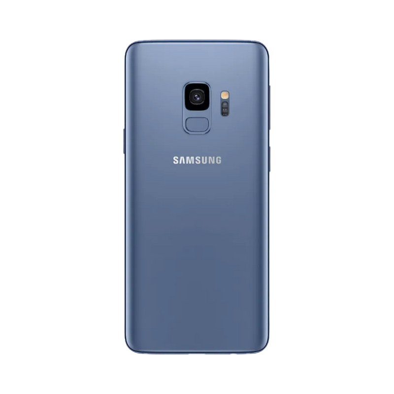 Vue arrière du Galaxy S9 bleu avec finition brillante, caméra simple et capteur d’empreintes sous l’objectif. Réparation iTelier Lyon : changement vitre arrière, module photo, batterie ou capteur biométrique. Service rapide garanti.
