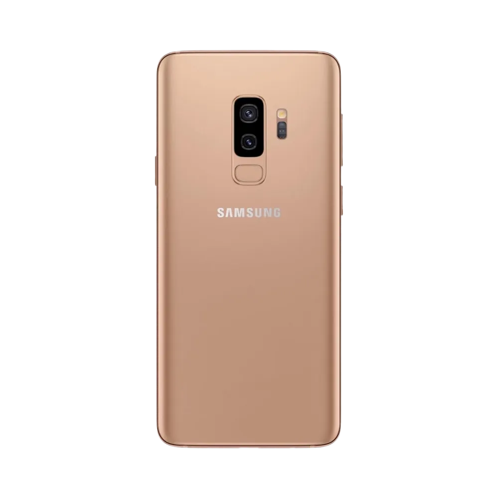 Arrière du Samsung Galaxy S9 Plus or avec finition brillante et double caméra verticale + capteur d’empreintes. iTelier Lyon : remplacement vitre arrière, réparation appareil photo, changement batterie. Intervention rapide en boutique.