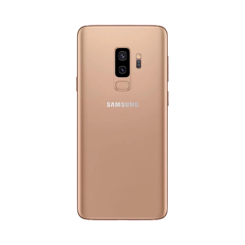 Arrière du Samsung Galaxy S9 Plus or avec finition brillante et double caméra verticale + capteur d’empreintes. iTelier Lyon : remplacement vitre arrière, réparation appareil photo, changement batterie. Intervention rapide en boutique.