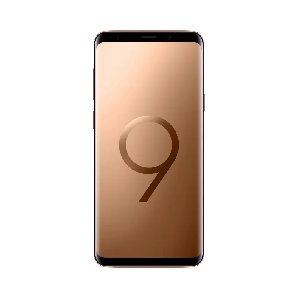 Face avant du Galaxy S9 Plus or avec écran Super AMOLED incurvé bord à bord. Atelier iTelier Lyon : remplacement écran fissuré, tactile défectueux, réparation nappe interne. Service express avec pièces d’origine.