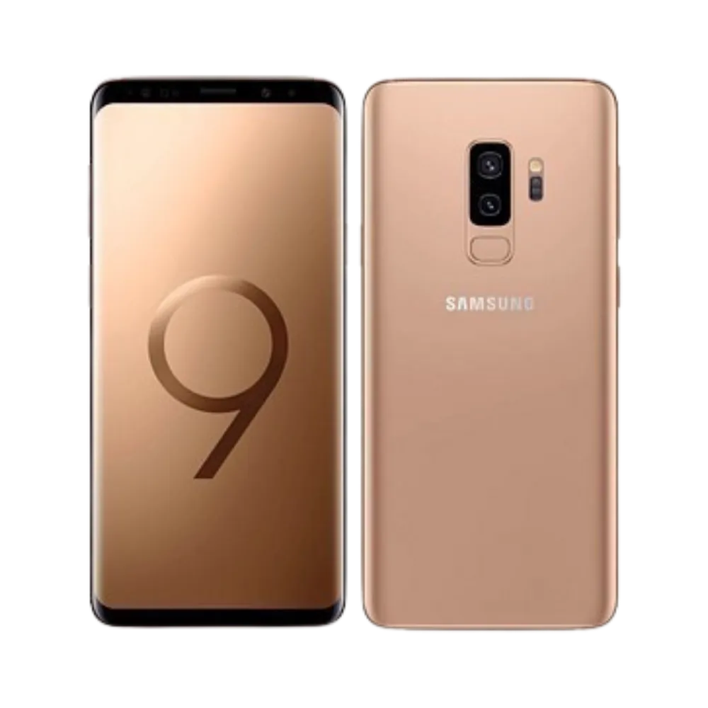 Galaxy S9 Plus or en vue oblique arrière, design premium mettant en avant le bloc photo et la courbure de la coque. iTelier Lyon : réparation vitre arrière cassée, haut-parleur, connecteur de charge. Diagnostic offert, envoi national sécurisé.