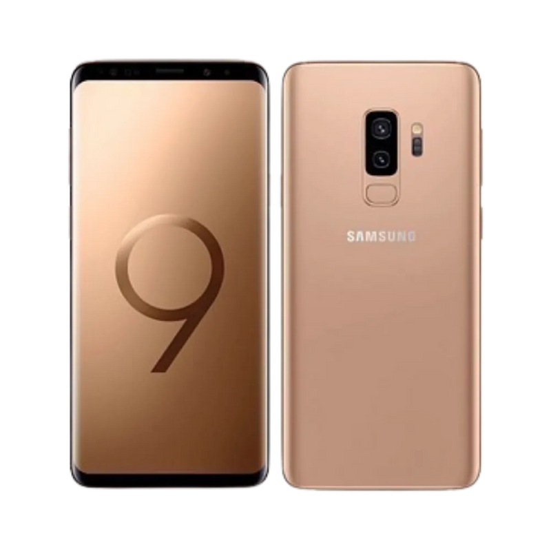 Galaxy S9 Plus or en vue oblique arrière, design premium mettant en avant le bloc photo et la courbure de la coque. iTelier Lyon : réparation vitre arrière cassée, haut-parleur, connecteur de charge. Diagnostic offert, envoi national sécurisé.